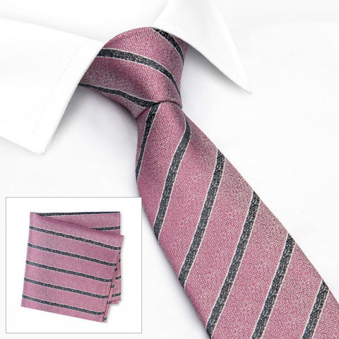Pink and Black Silk Textured Stripe Classic Tie & Handkerchief Set