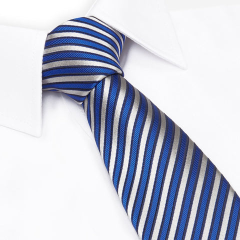 Blue and White Striped Luxury Woven Silk Tie