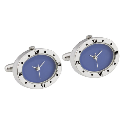 Silver Plated Oval Working Watch Cufflinks with Blue Dial