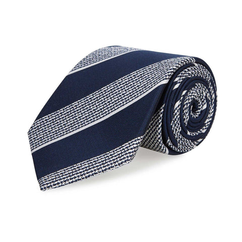 Navy & White Textured Classic Striped Silk Tie