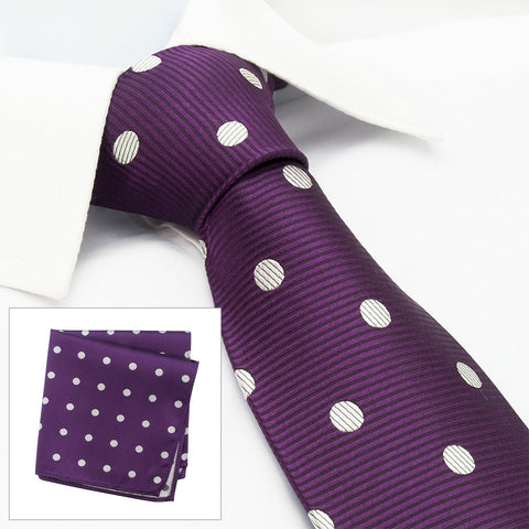 Purple Silk Tie & Handkerchief Set With White Polka Dots