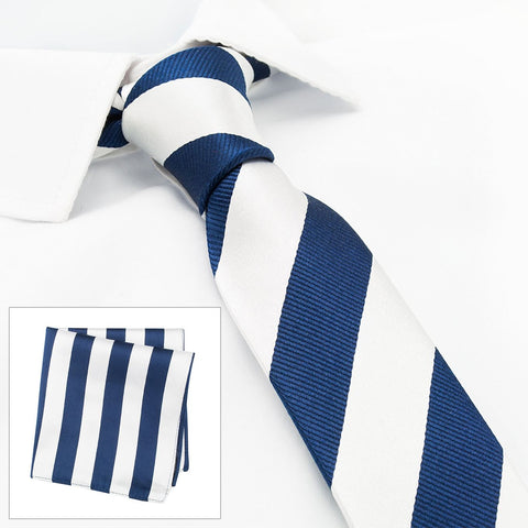 Silver & Navy Woven Striped Slim Silk Tie & Handkerchief Set