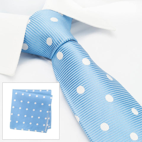 Blue Silk Tie & Handkerchief Set With White Polka Dots