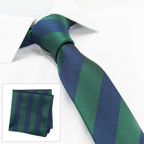 Dark Green & Navy Woven Striped Slim Silk Tie & Handkerchief Set