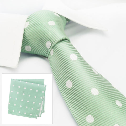 Mint Green Silk Tie & Handkerchief Set With White Polka Dots