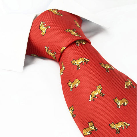 Red Silk Tie With Fox Design