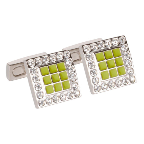 Green Enamel Squares With Clear Swarvoski Crystal Cufflinks