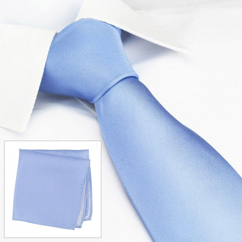 Plain Light Blue Silk Tie & Handkerchief Set