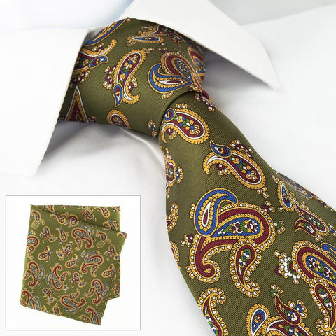 Country Green Silk Tie & Handkerchief Set Large Paisley Design