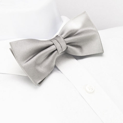 Pre-Tied Plain Silver Silk Bow Tie