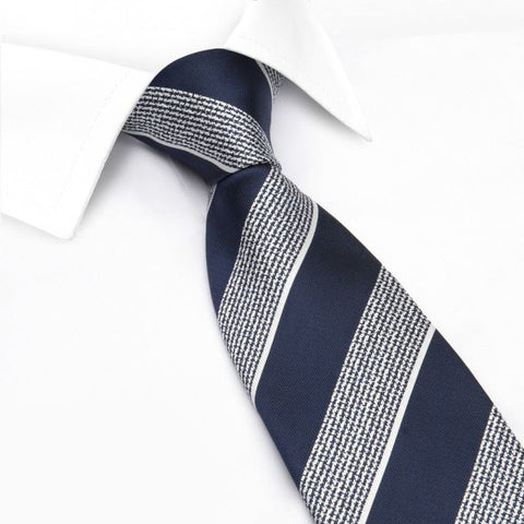 Navy & White Textured Classic Striped Silk Tie