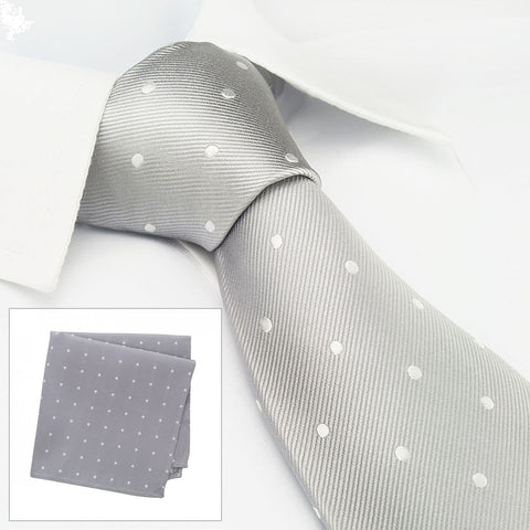 Silver Polka Dot Woven Silk Tie & Handkerchief Set
