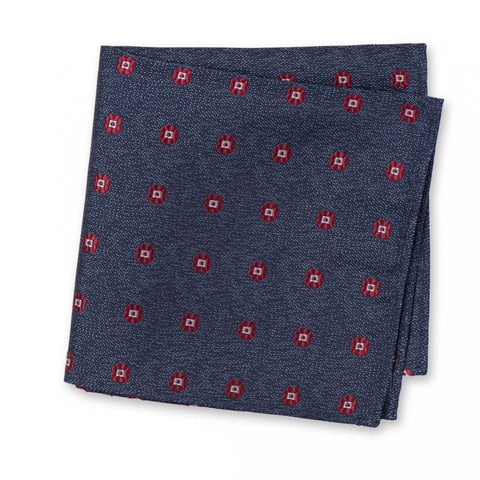 Navy & Red Textured Flower Spot Silk Handkerchief